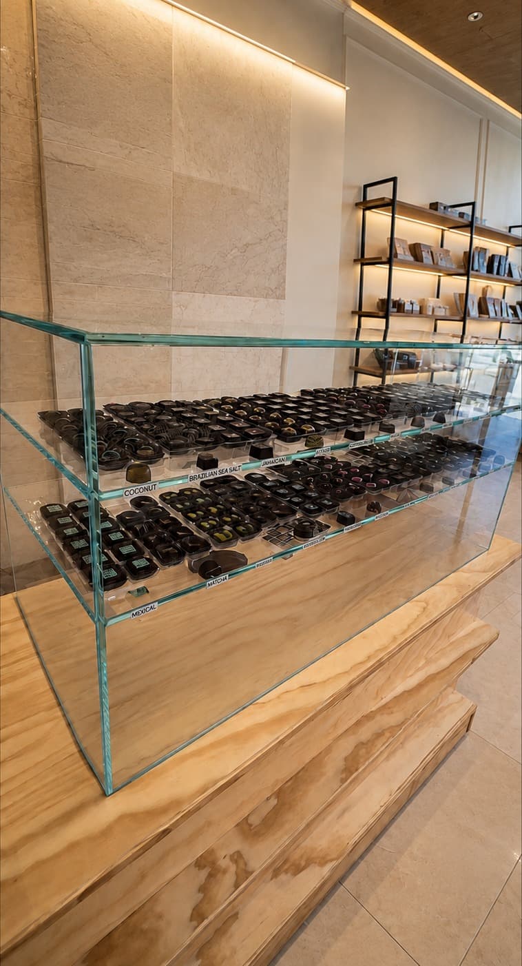 Frameless UV-bonded glass display case with multiple shelves of labelled chocolates in a retail shop