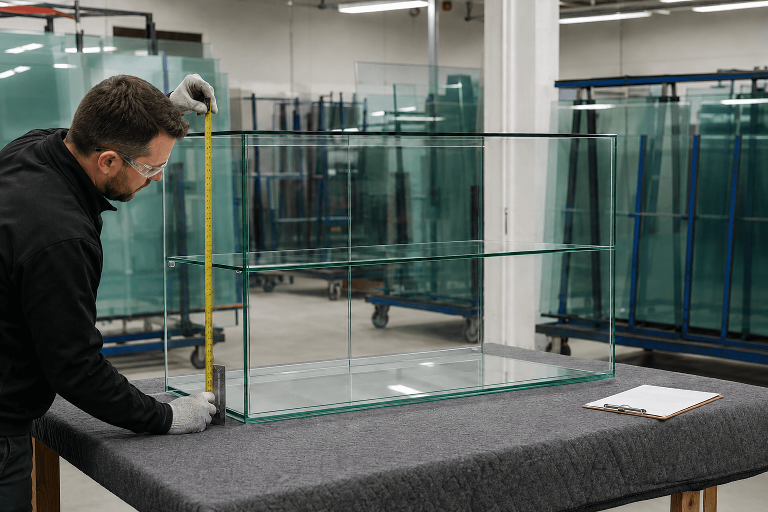 A technician in safety glasses measuring a finished glass display case with a tape measure, clipboard alongside, in the fabrication shop.
